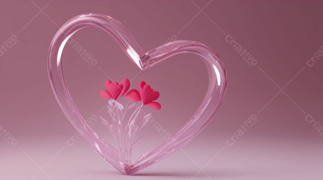 Coração de vidro com flores rosa