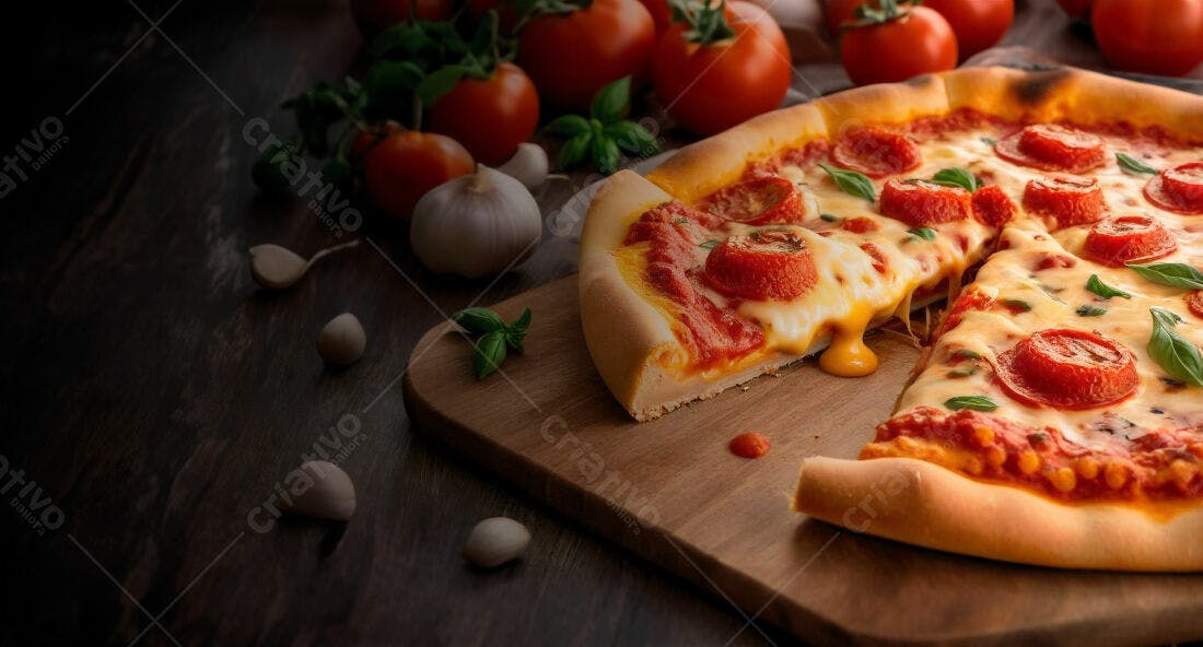 Pizza de tomates frescos e mussarela derretida