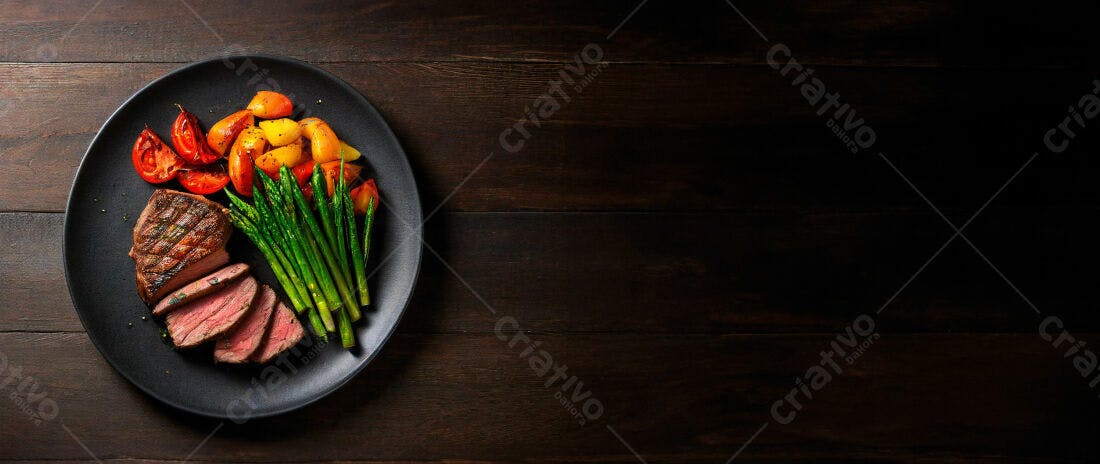 Bife grelhado com aspargos e tomate assado