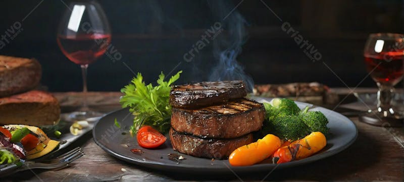 Mesa, madeira, comida, fogo, churrasco, legumes