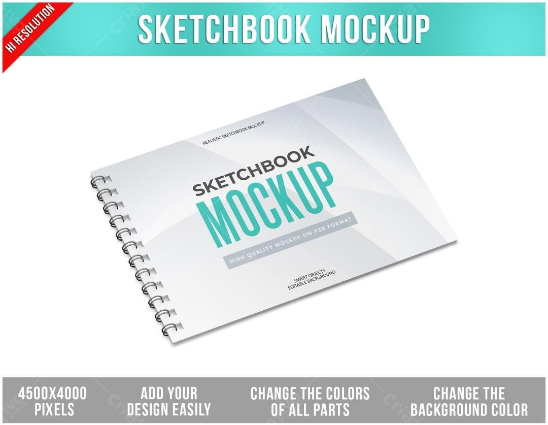 Mockup de Sketchbook Realista: Capa Cinza e Detalhes Ciano