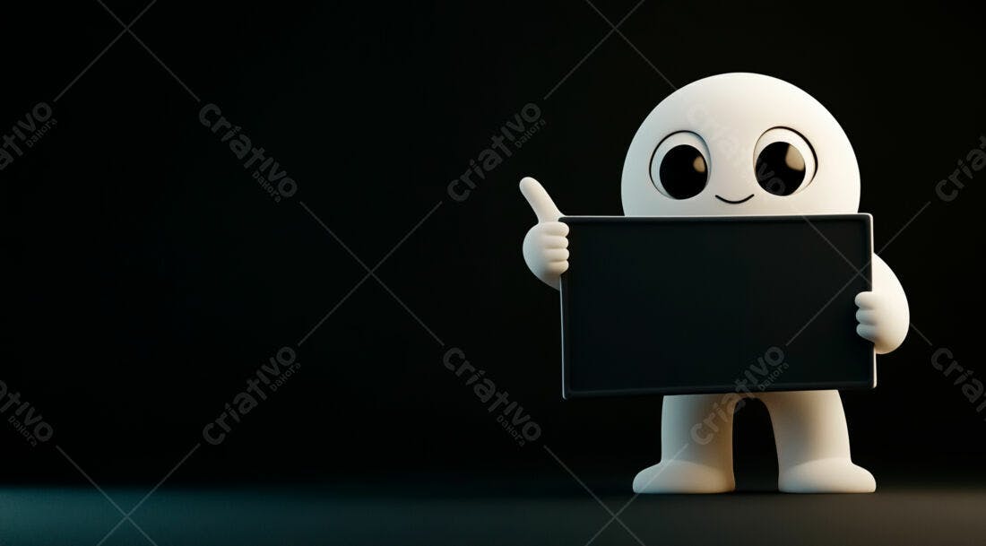Boneco 3D segurando placa escura