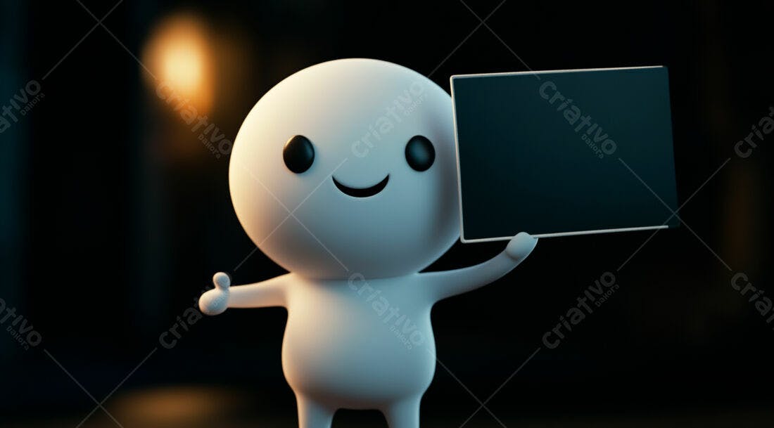Boneco 3D segurando placa escura