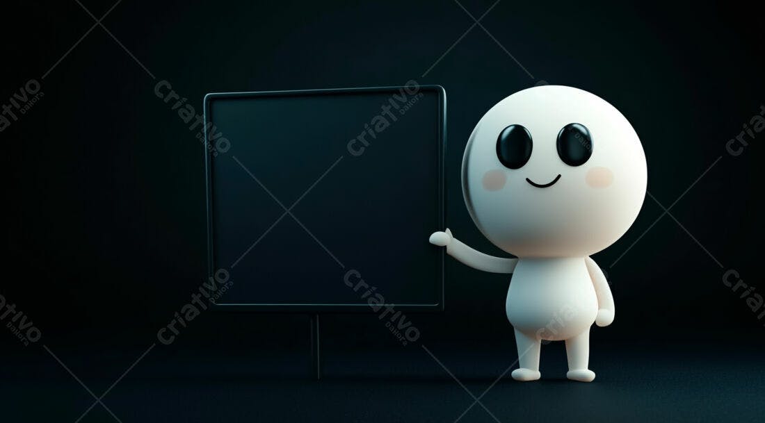 Boneco 3D apresentando quadro negro fundo escuro