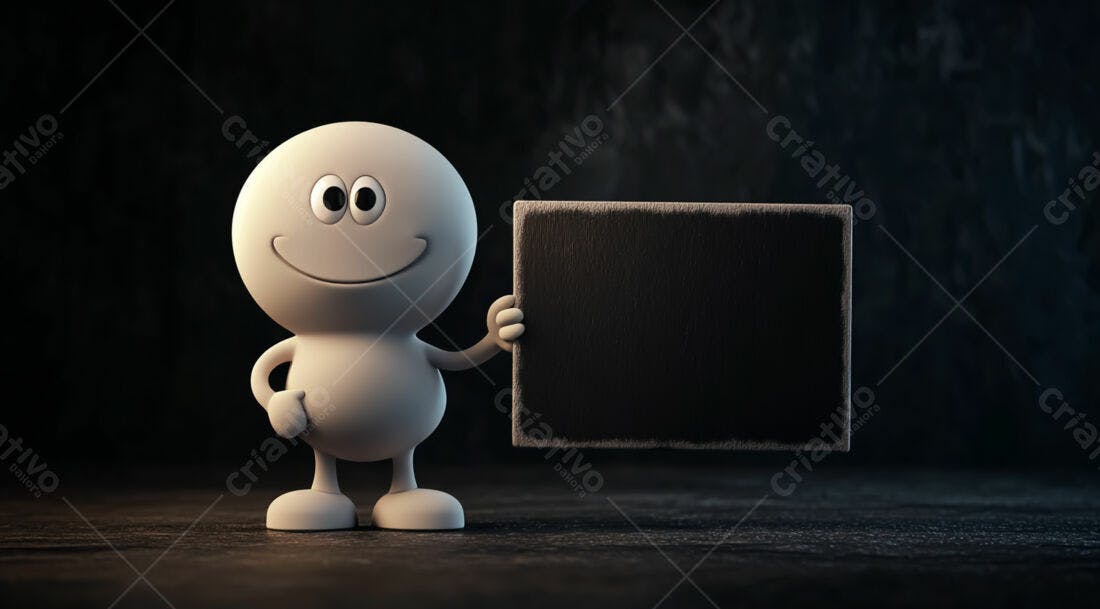 Boneco sorridente segurando placa preta
