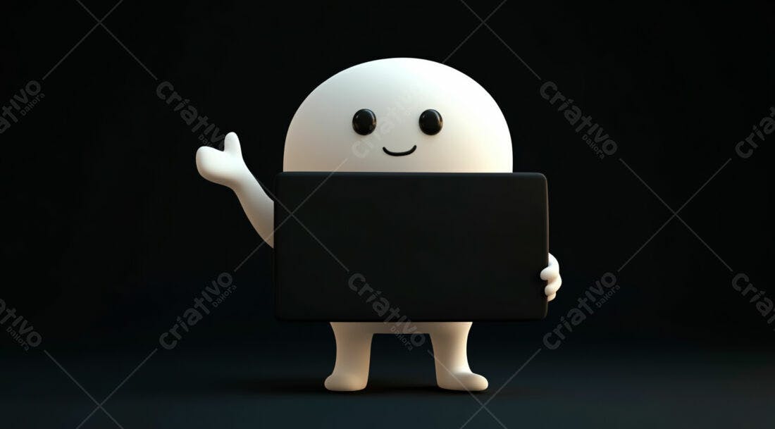 Boneco 3D segurando placa preta fundo escuro