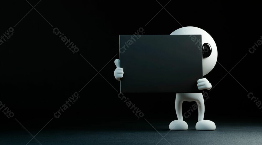 Boneco 3D segurando placa preta fundo escuro