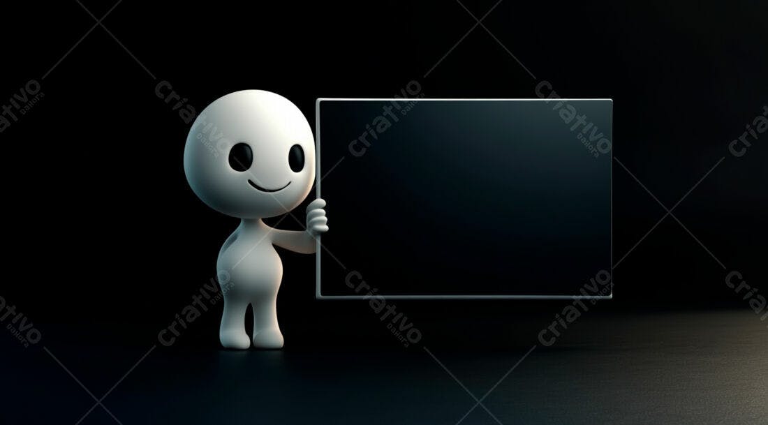 Boneco 3D segurando placa preta fundo escuro