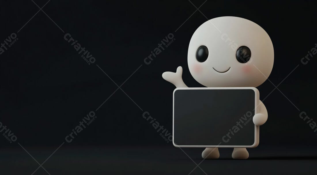 Boneco 3D segurando quadro negro fundo escuro
