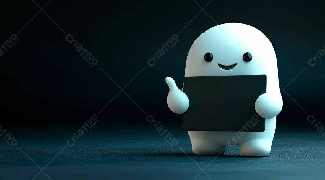 Boneco 3D segurando placa preta fundo escuro