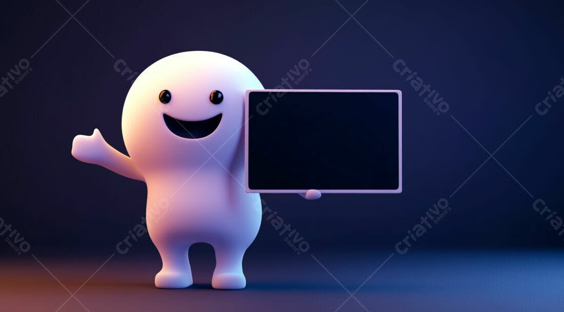 Personagem 3D segurando placa vazia fundo escuro