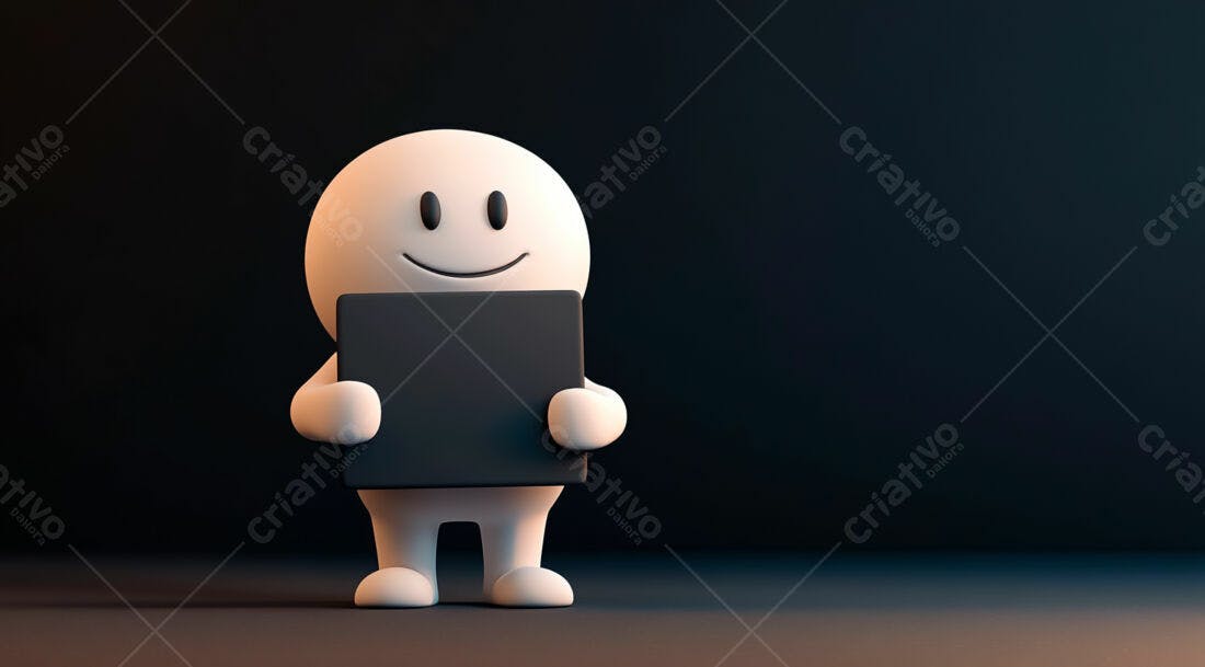 Boneco 3D segurando placa preta fundo escuro