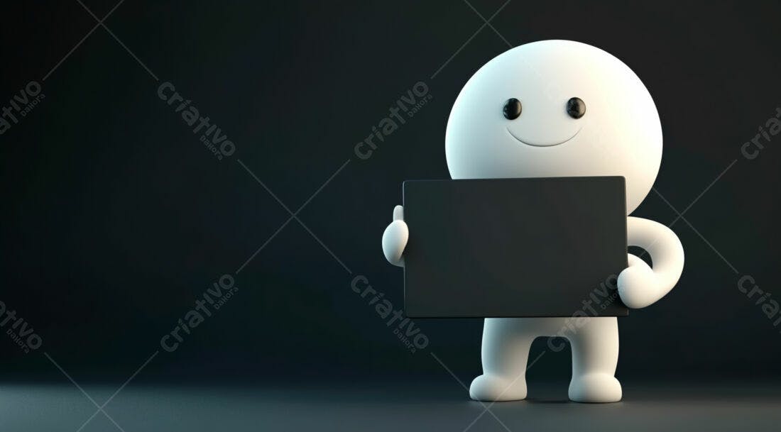 Boneco 3D segurando placa preta fundo escuro