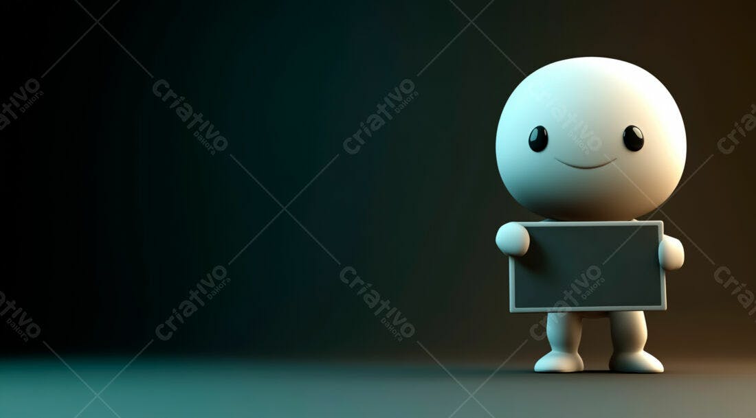 Boneco 3D segurando placa escura fundo escuro