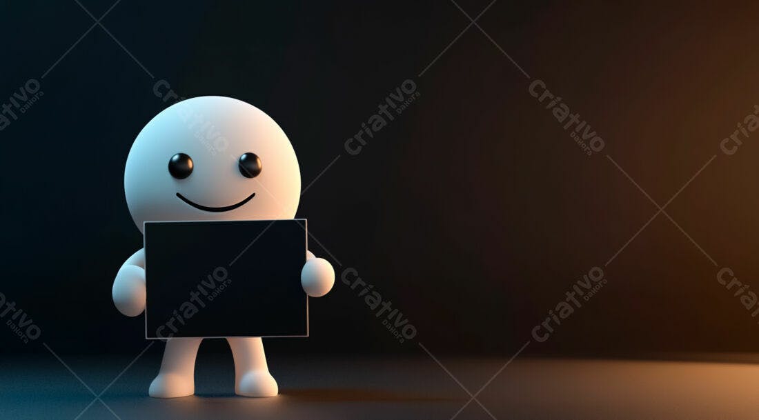 Boneco 3D segurando placa preta fundo escuro