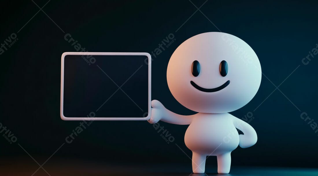Boneco 3D segurando quadro negro fundo escuro