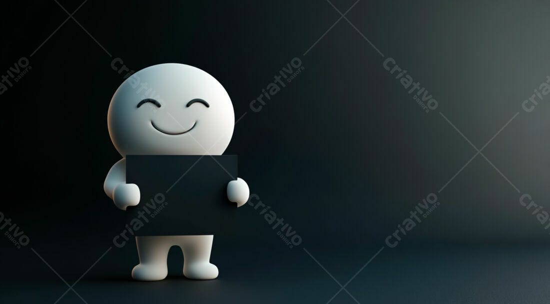 Boneco 3D segurando placa preta fundo escuro