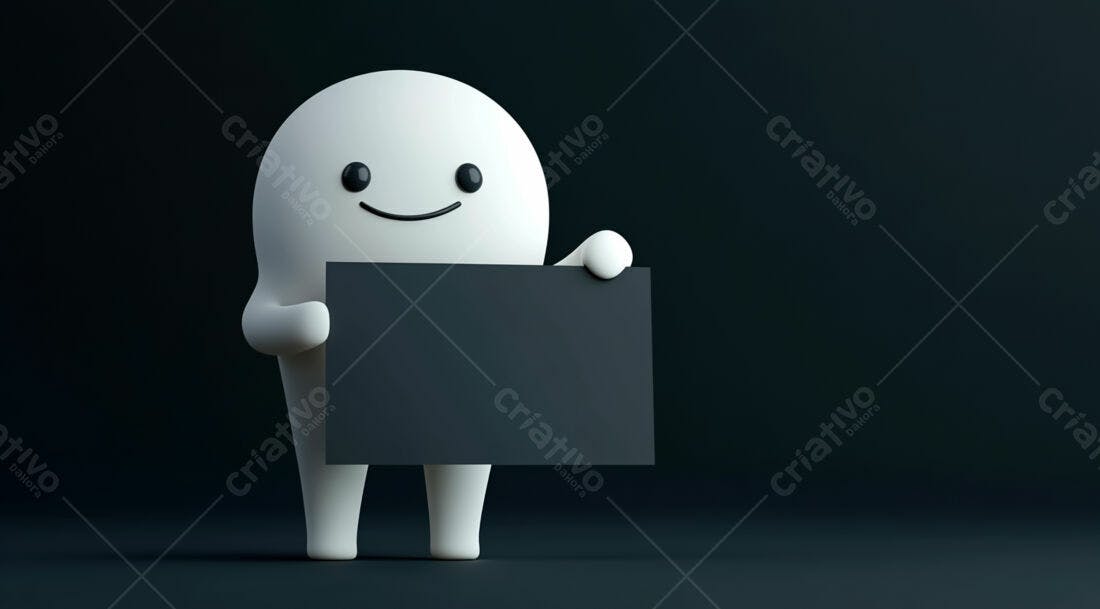 Boneco 3D segurando cartaz preto fundo escuro