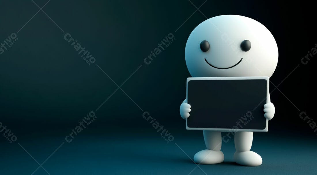 Boneco 3D segurando quadro negro fundo azul