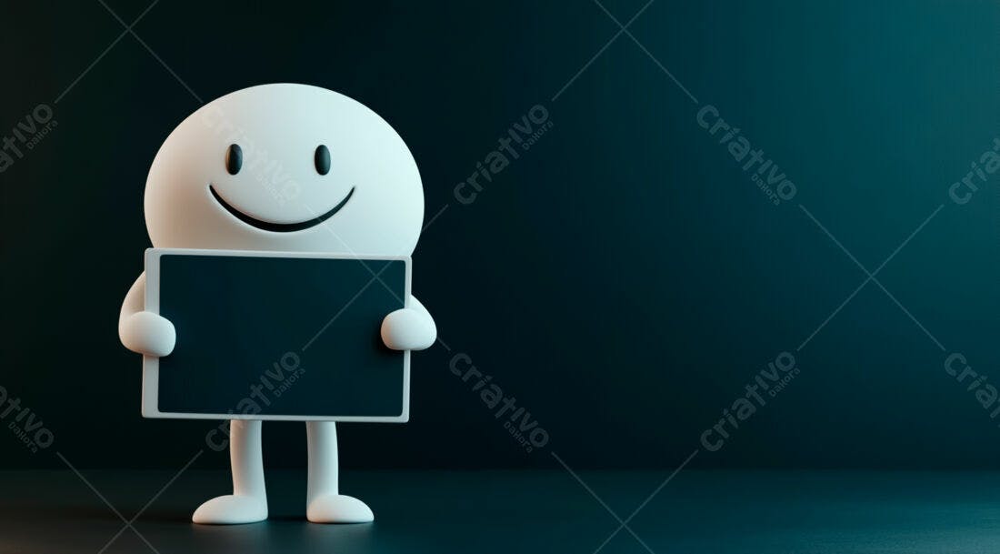 Boneco sorridente segurando quadro negro