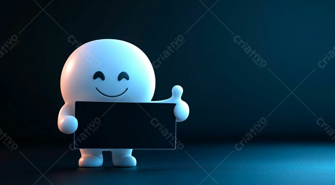 Boneco 3D segurando cartaz fundo azul