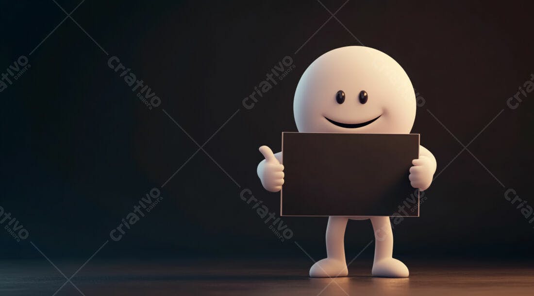 Boneco 3D segurando placa preta fundo escuro
