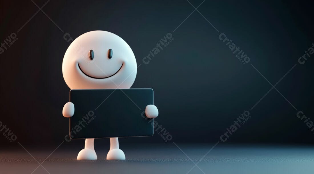 Boneco 3D segurando placa preta fundo escuro