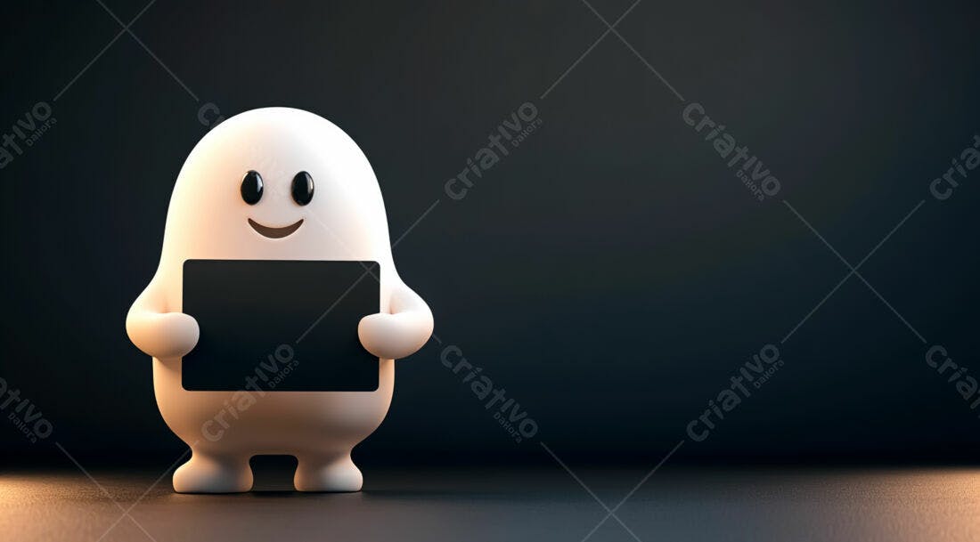 Boneco fofo segurando placa preta fundo escuro