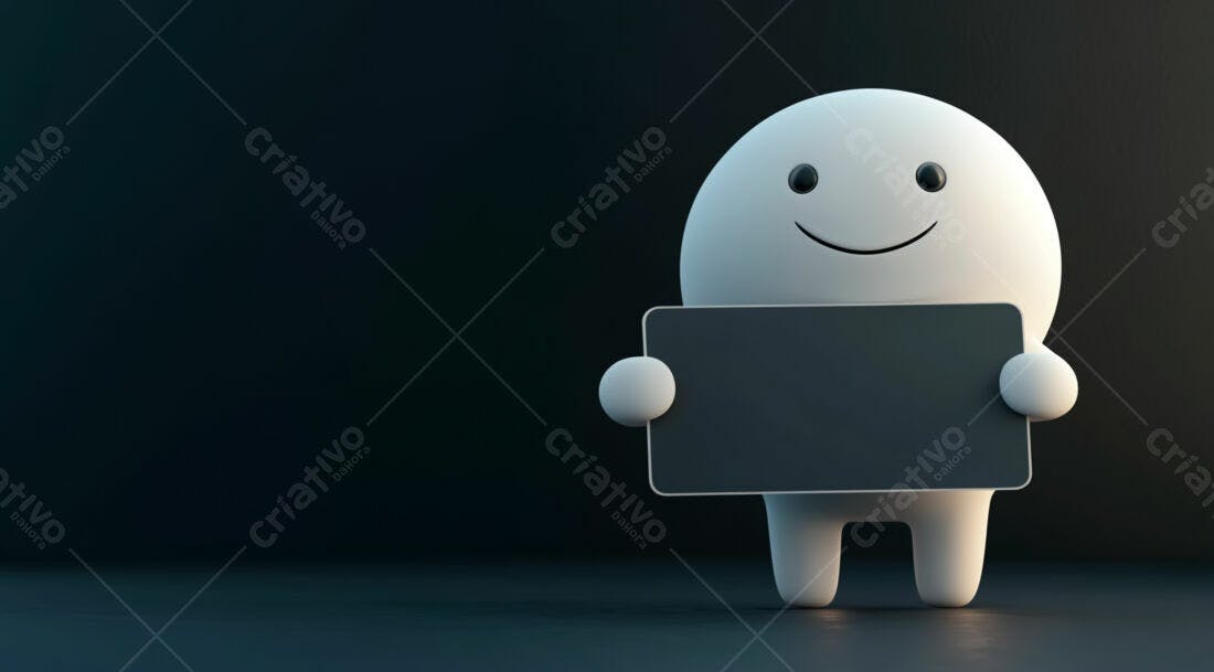 Boneco 3D segurando placa preta fundo escuro