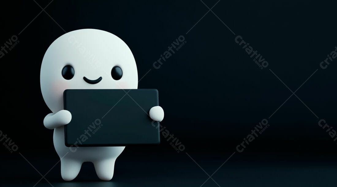 Boneco 3D segurando placa preta fundo escuro