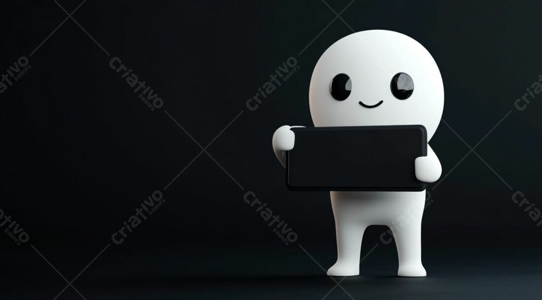 Boneco 3D segurando placa preta fundo escuro