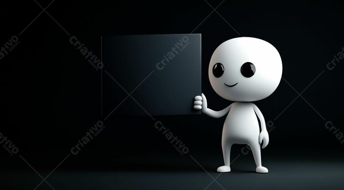 Boneco 3D segurando placa preta fundo escuro