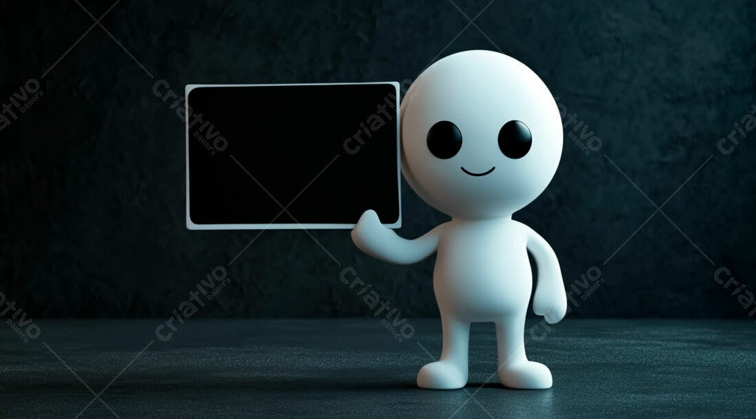 Boneco 3D segurando placa preta fundo escuro