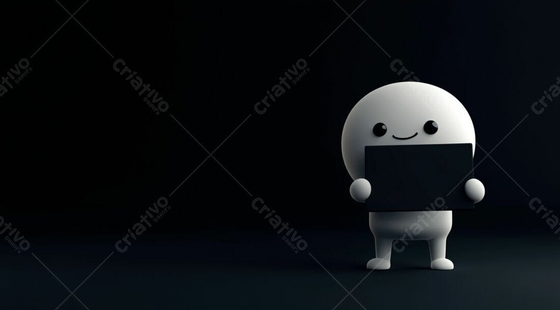 Boneco 3D segurando placa preta fundo escuro