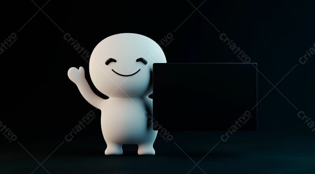 Boneco 3D segurando placa preta fundo escuro