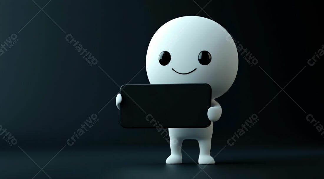 Personagem 3D segurando tela preta