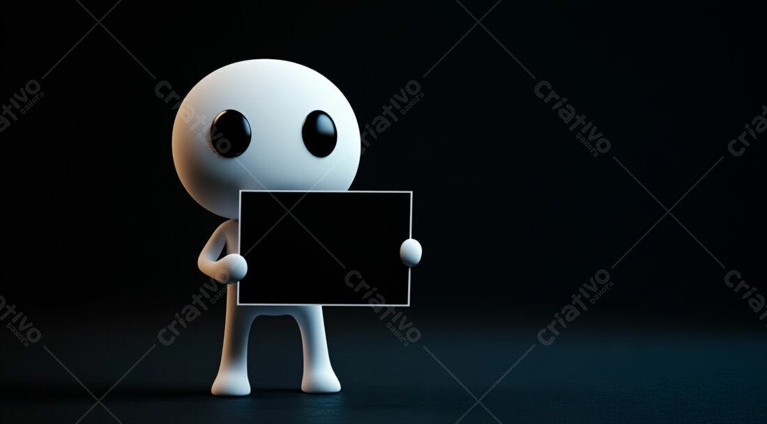 Boneco 3D segurando placa preta fundo escuro