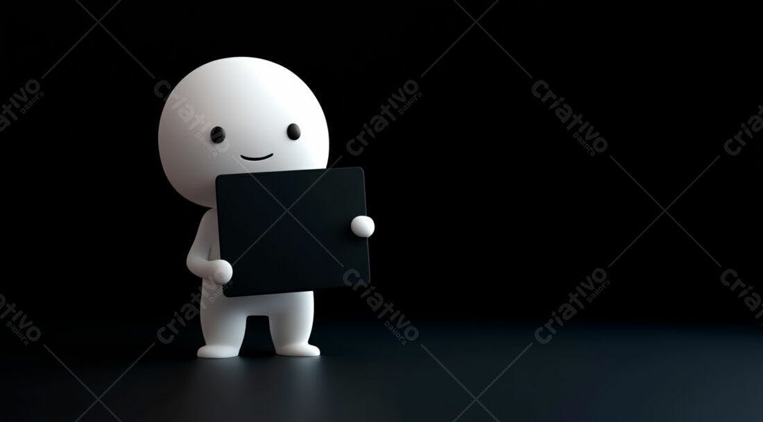 Boneco 3D segurando placa preta fundo escuro