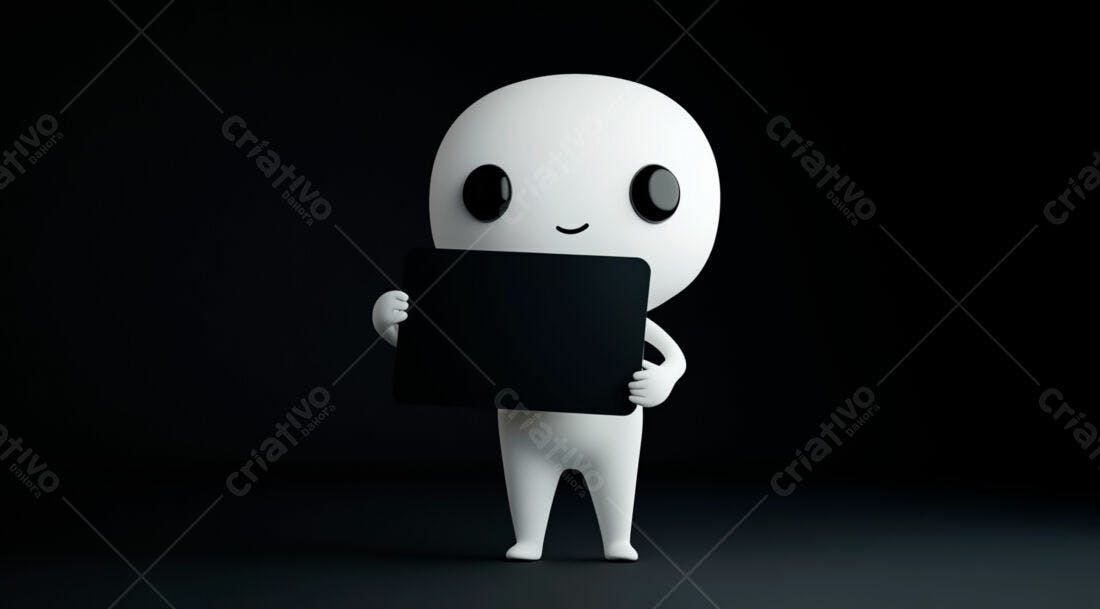 Boneco 3D segurando placa preta fundo escuro