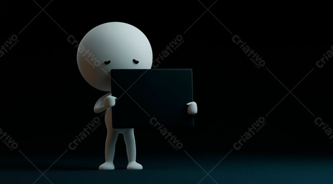Boneco 3D segurando placa preta fundo escuro