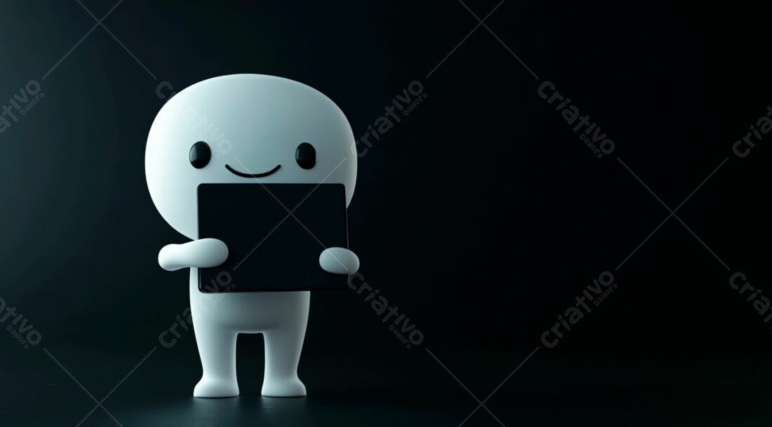 Boneco 3D segurando placa preta fundo escuro