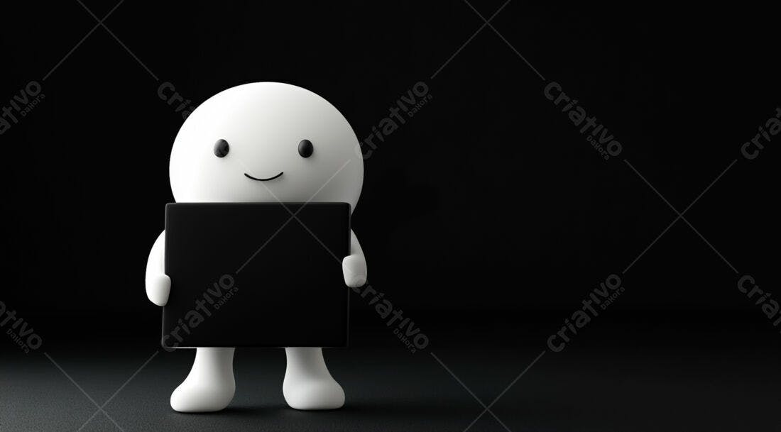 Boneco 3D segurando placa preta fundo escuro