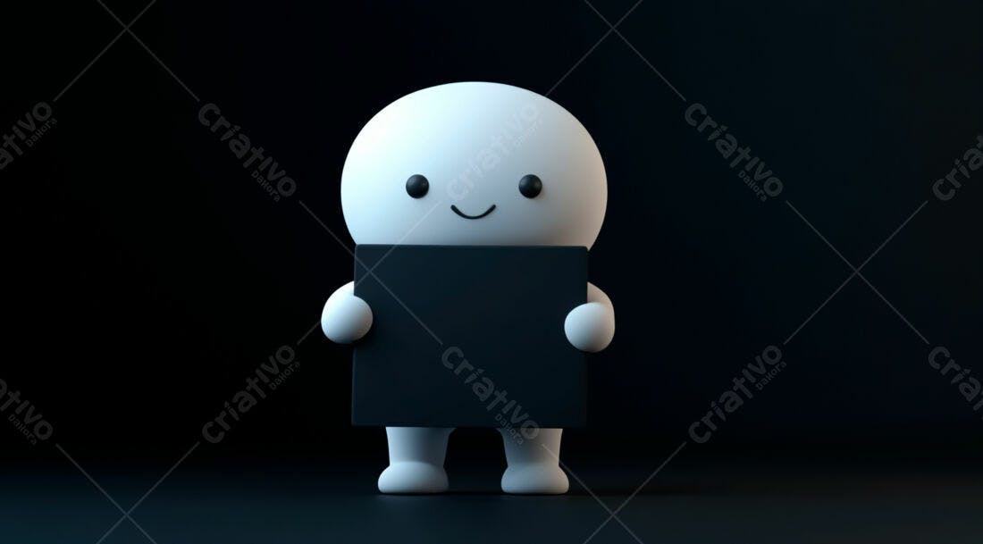 Boneco 3D segurando placa preta fundo escuro