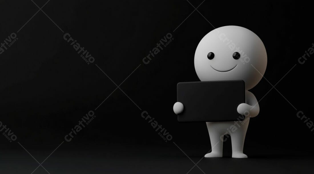 Boneco 3D segurando placa preta fundo escuro