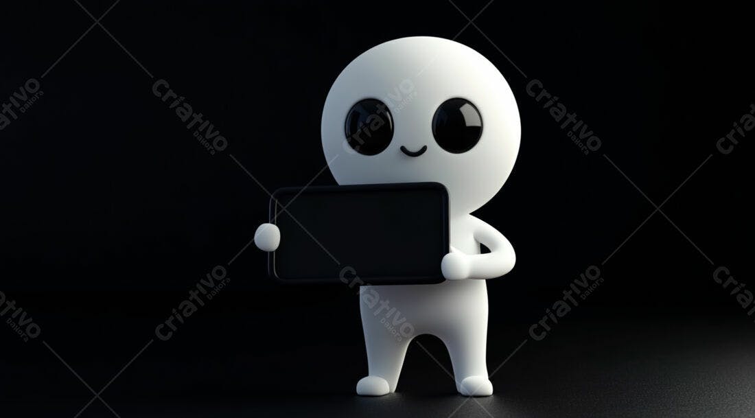Boneco 3D segurando celular tela preta