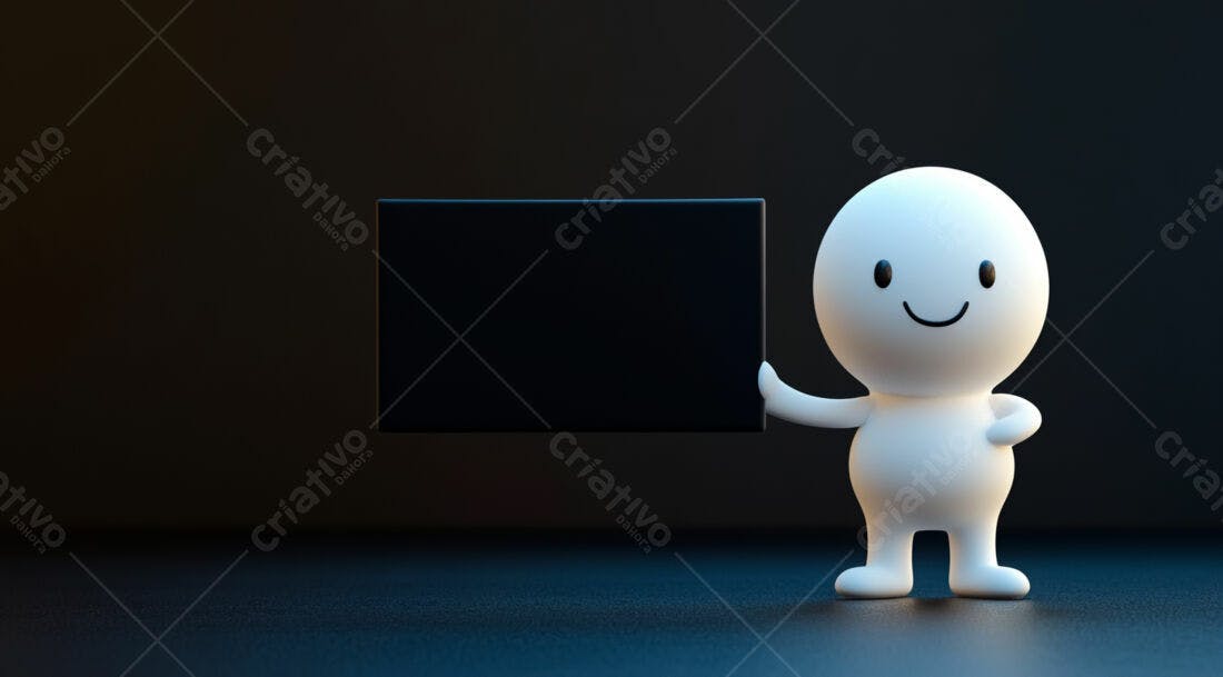 Boneco 3D segurando placa preta fundo escuro