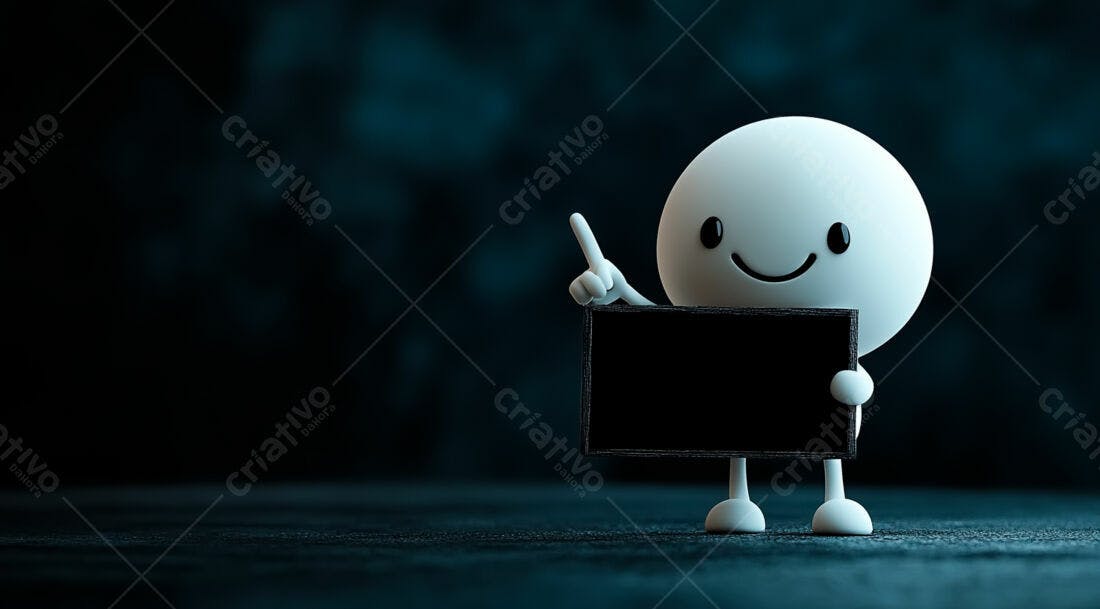 Boneco 3D segurando placa preta fundo escuro