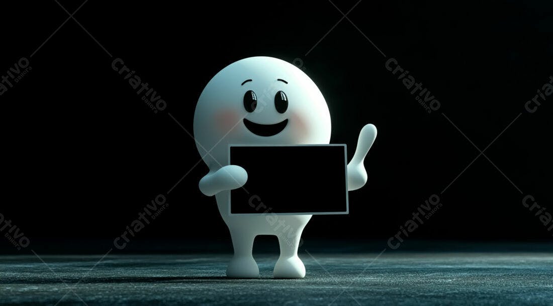 Personagem 3D segurando placa preta