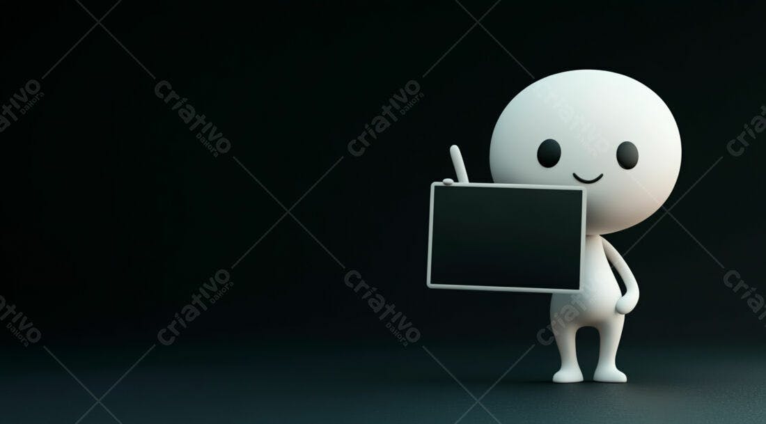 Boneco 3D segurando placa preta fundo escuro