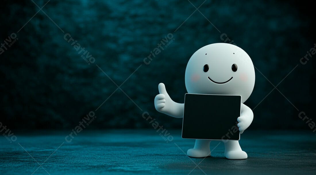 Boneco 3D segurando placa fundo azul escuro